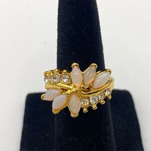 Vintage Australian Opal Ring, Clear Topaz Ring, Gold Plate size 4
